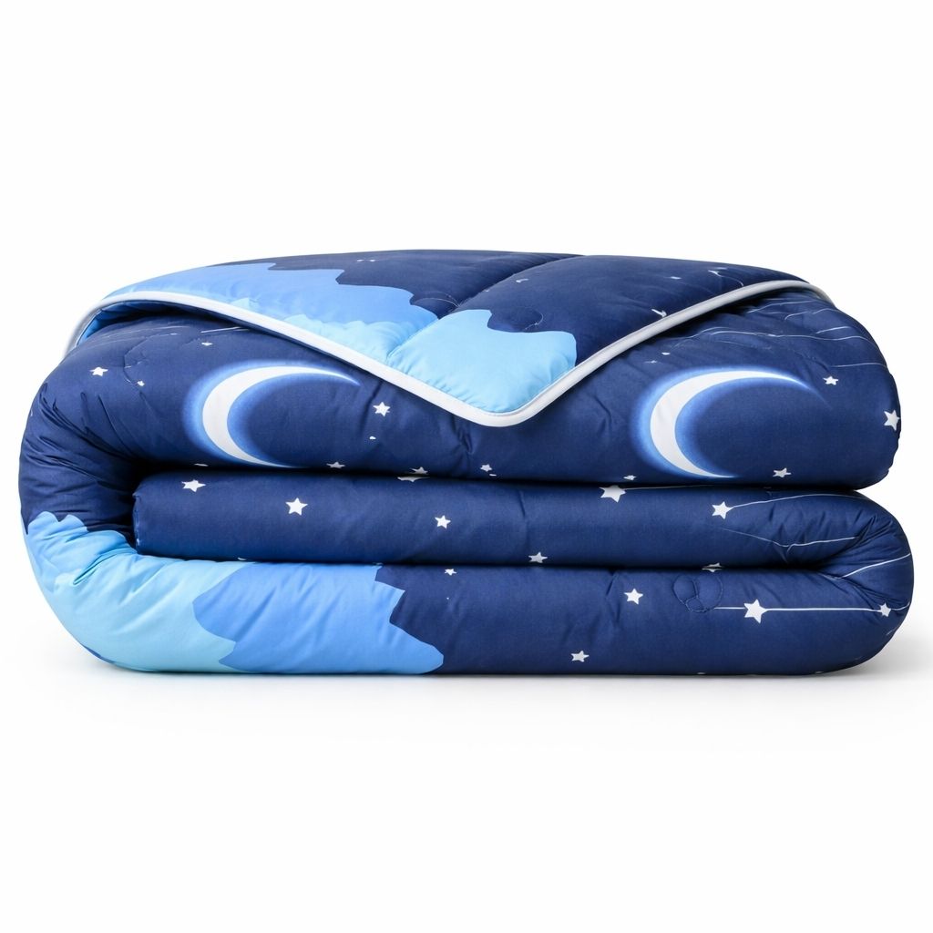 Dekbed zonder overtrek opgevouwen - Luna - Kinderdekbed met maan en sterren - lichtblauw en donkerblauw