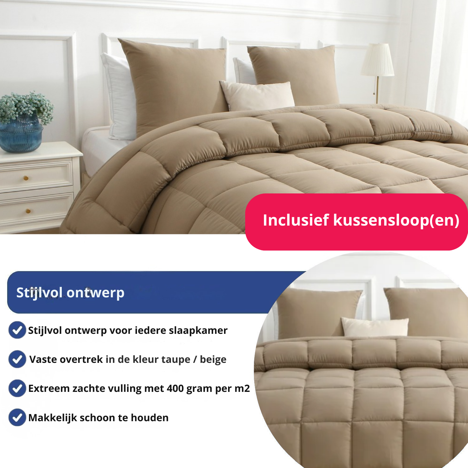 Dekbed met vaste overtrek in de kleur taupe