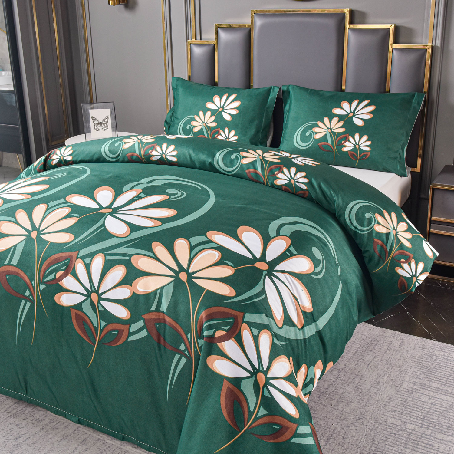 Dekbedovertrek-groen-met-bloemen-en-rits