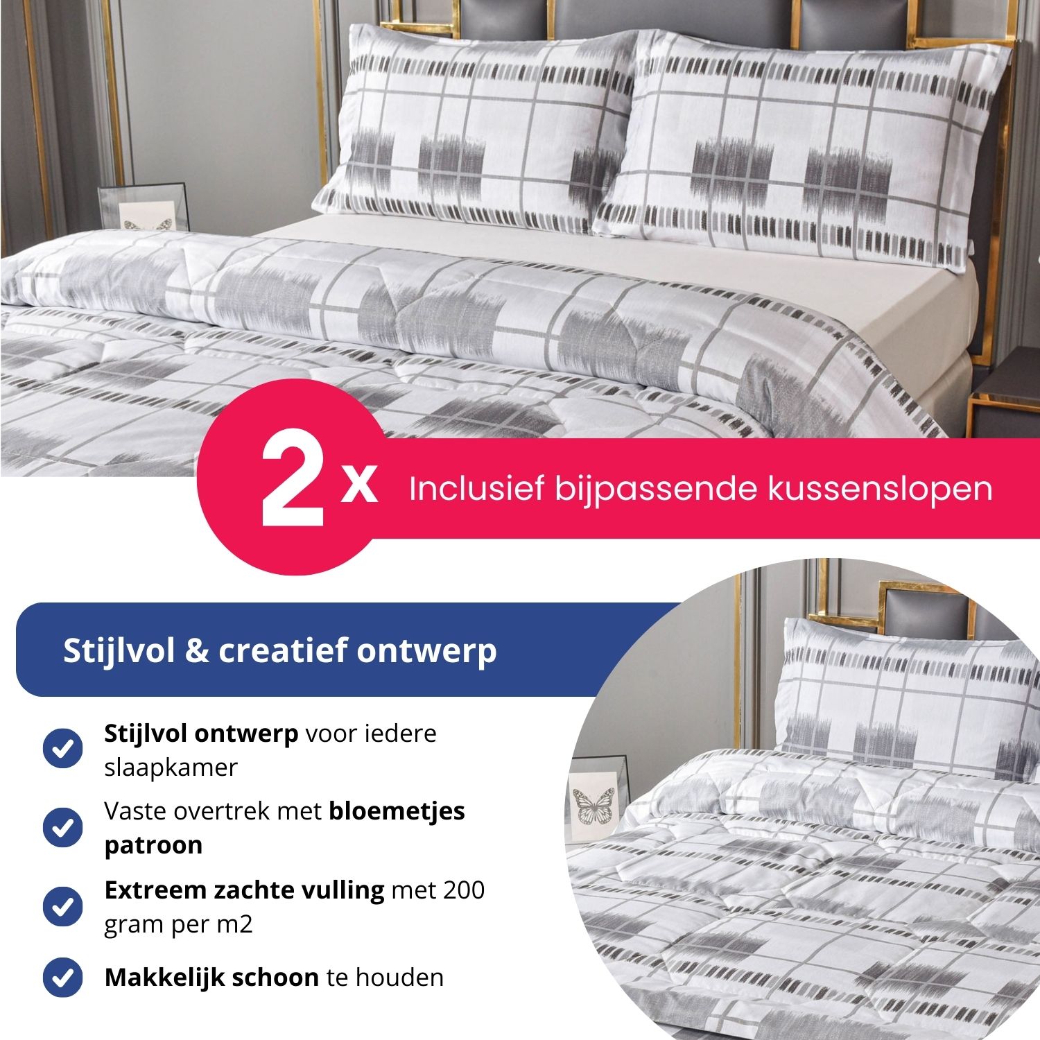 Gloria grijs wit dekbed met vaste hoes en bijpassende kussenslopen