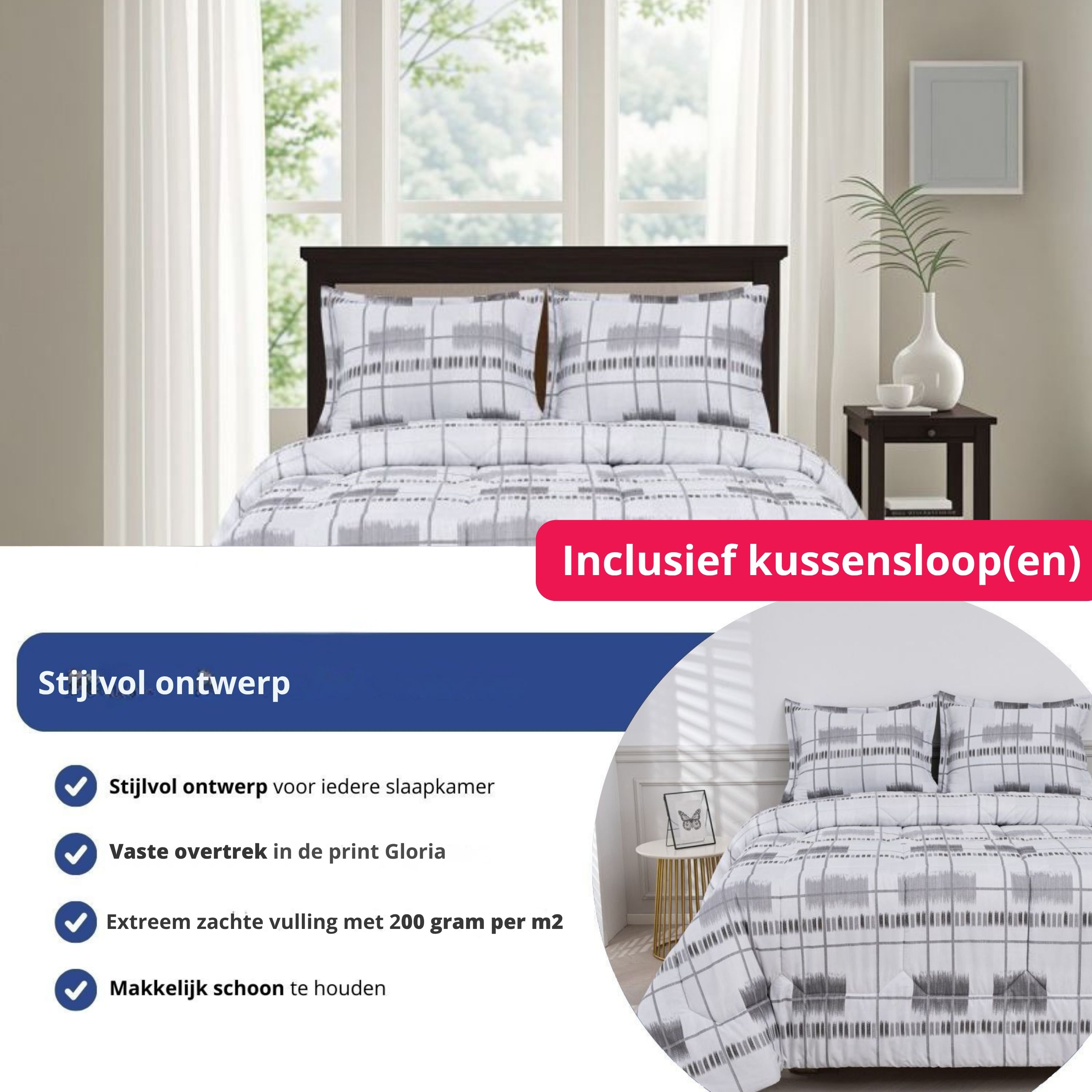 Gloria grijs wit dekbed met vaste hoes en bijpassende kussenslopen