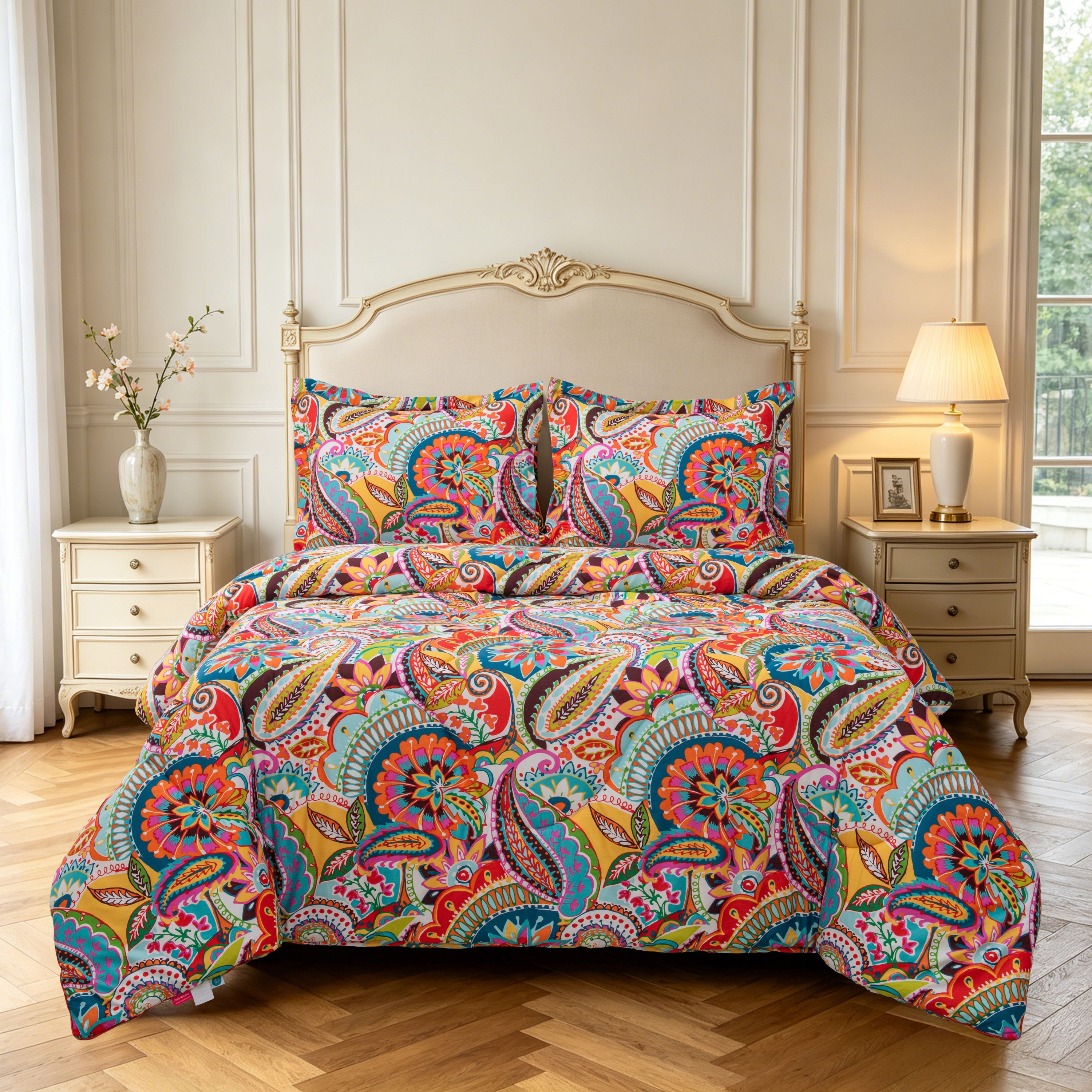Volledig opgemaakt Happy zomerdekbed zonder hoes met kleurrijke print en bijpassende kussenslopen.