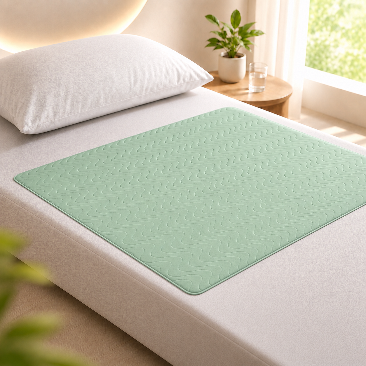 Wasbare absorberende onderlegger op een matras voor bescherming bij incontinentie.