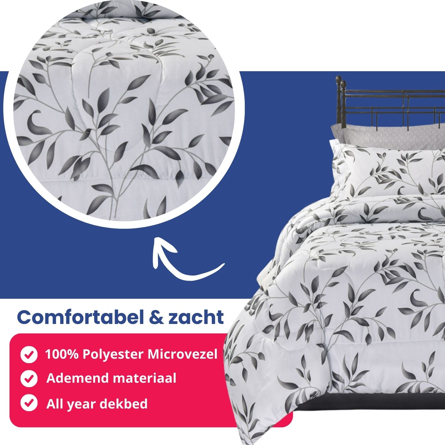 Close-up van het comfortabele en zachte Nora dekbed zonder overtrek gemaakt van ademend microvezel.