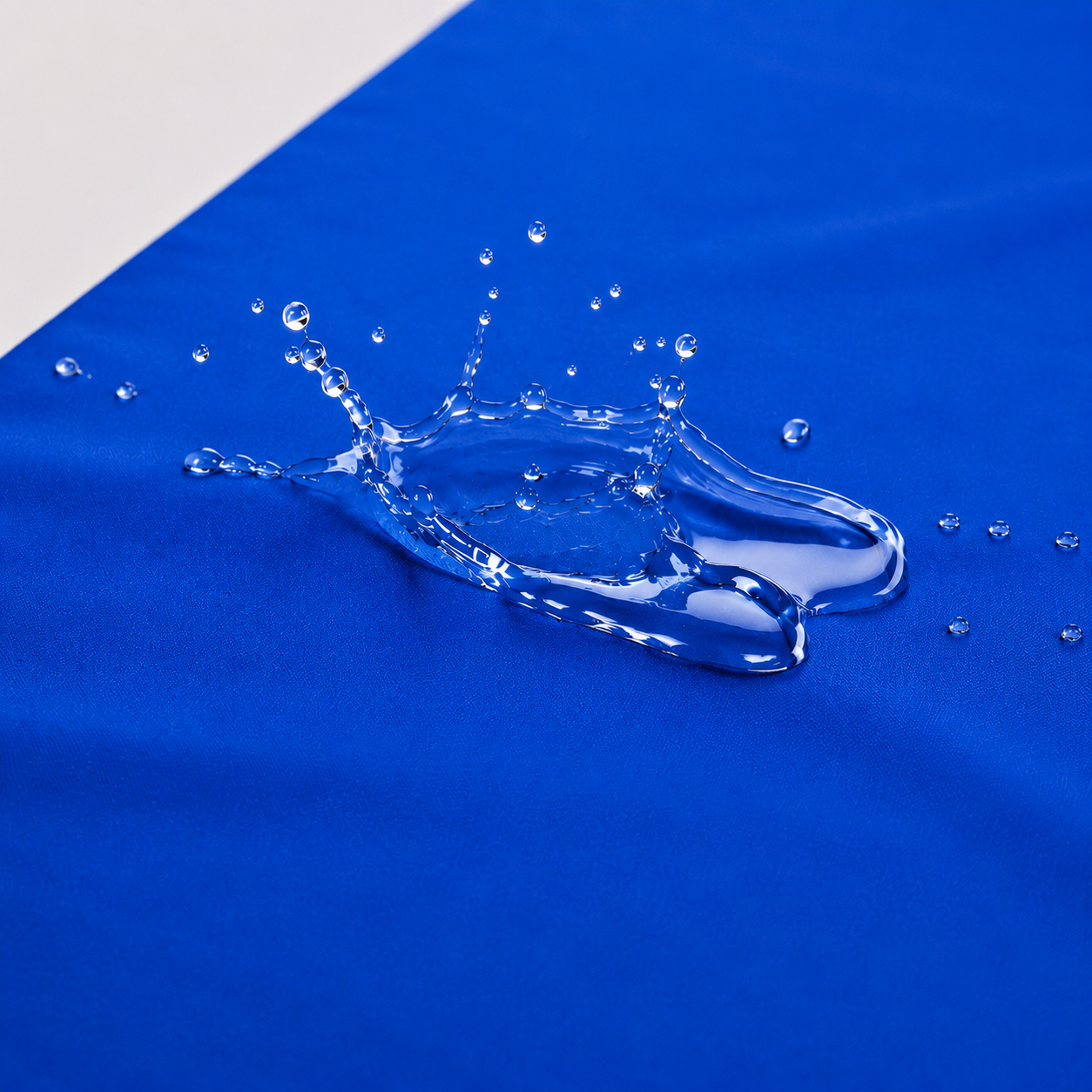 Close-up van een watersplash op de blauwe waterdichte matrashoes die vocht volledig afstoot.