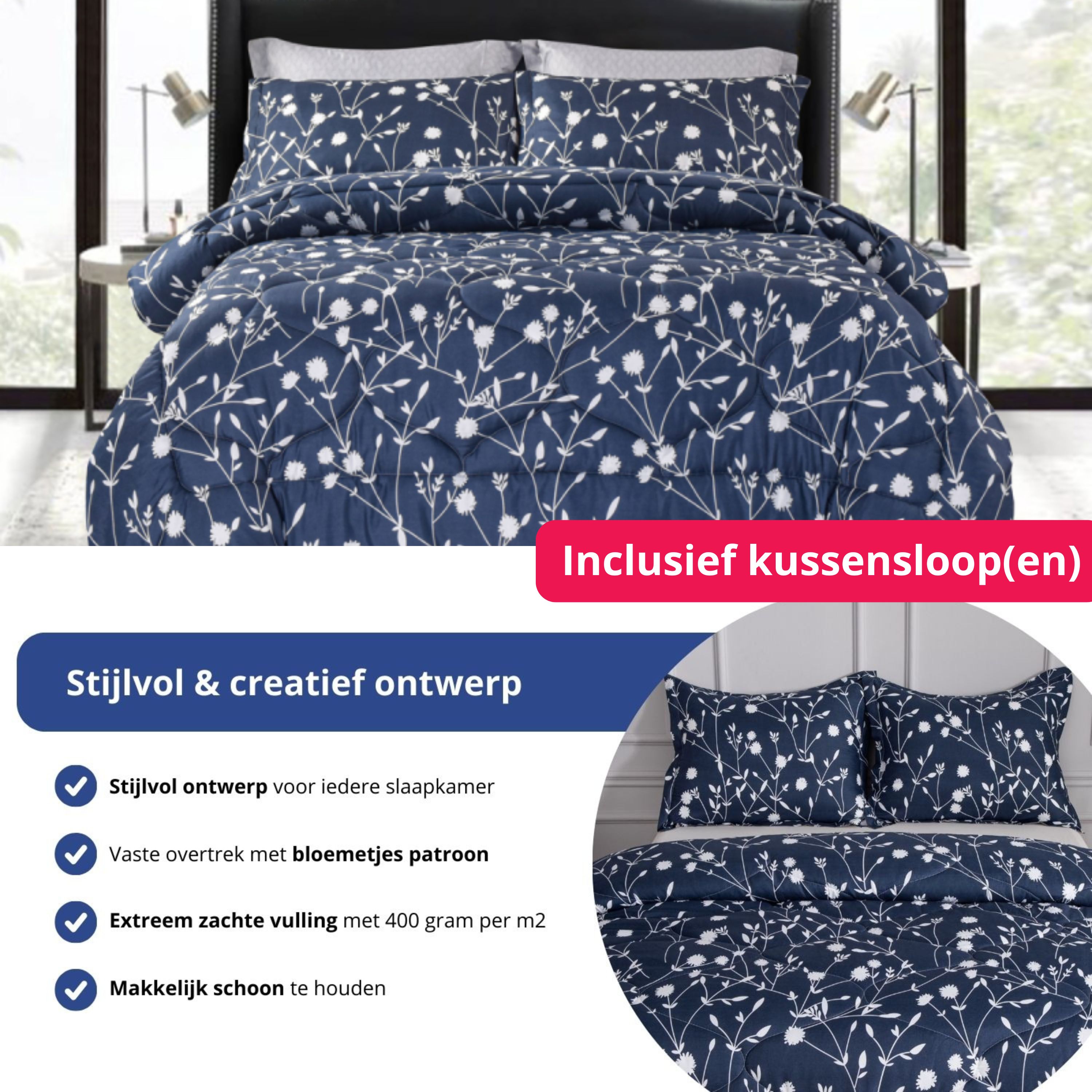 Het all year dekbed Mila met vaste overtrek en twee bijpassende kussenslopen.