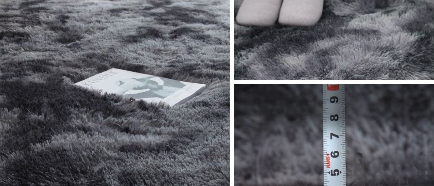 Collage met details van een hoogpolig donkergrijs vloerkleed, inclusief zachte vezels en poolhoogte.