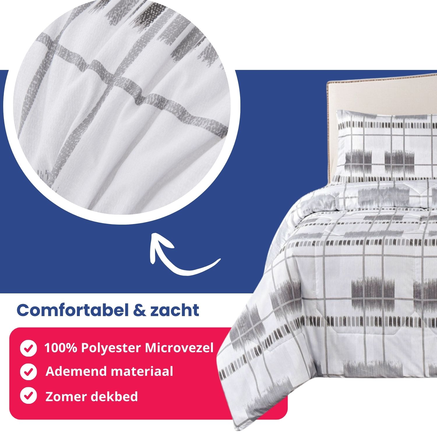 Close-up van de ademende microvezel stof van het Gloria dekbed in grijs wit met lijnenpatroon