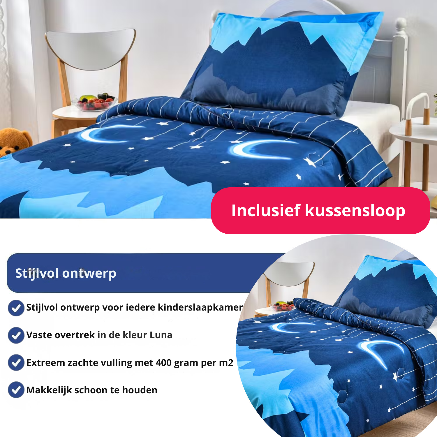 Leuk kinderdekbed blauw met maan en sterren - dekbed zonder overtrek