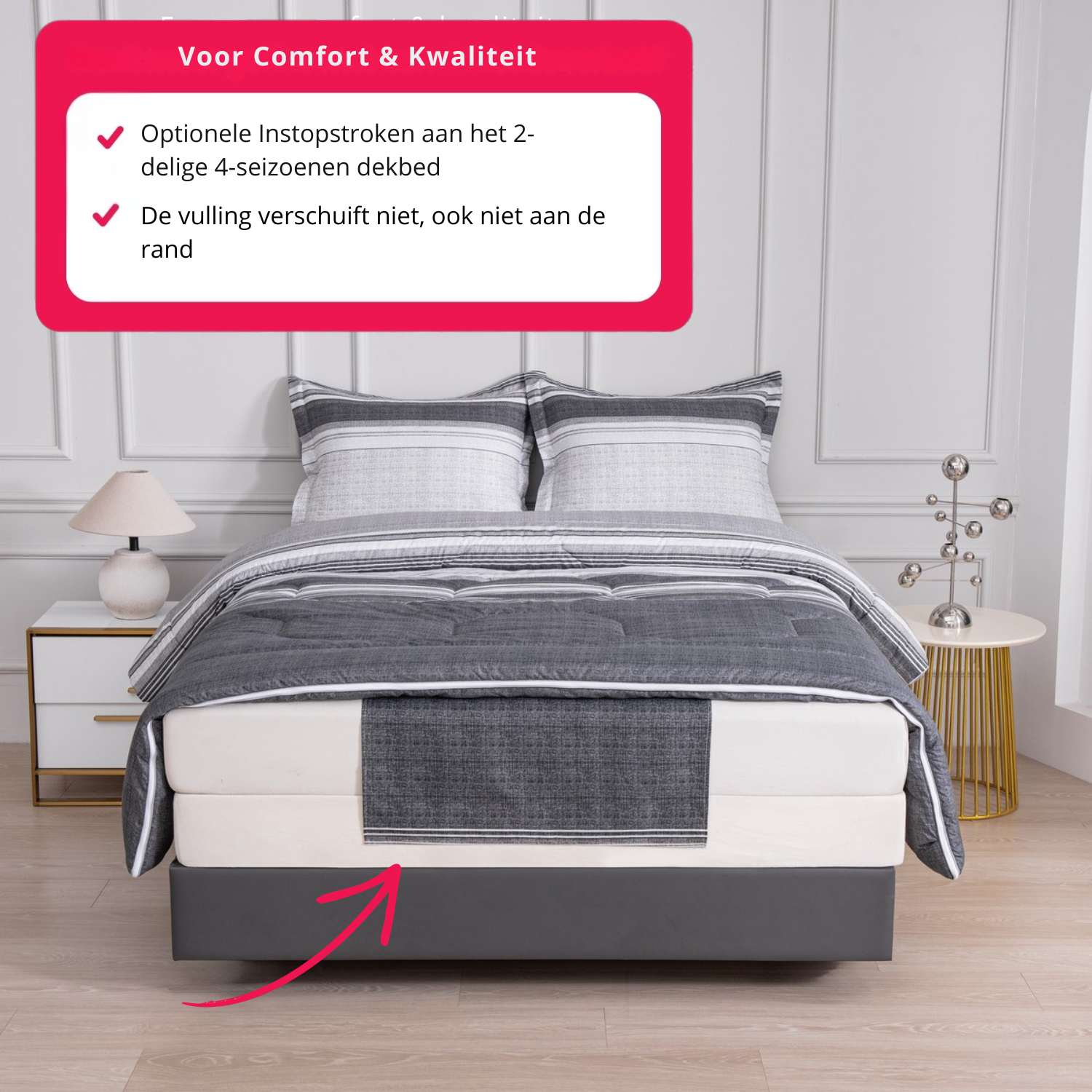 2 delig dekbed met instopstroken voor 4 seizoenen - dekbed met vaste overtrek - grijs