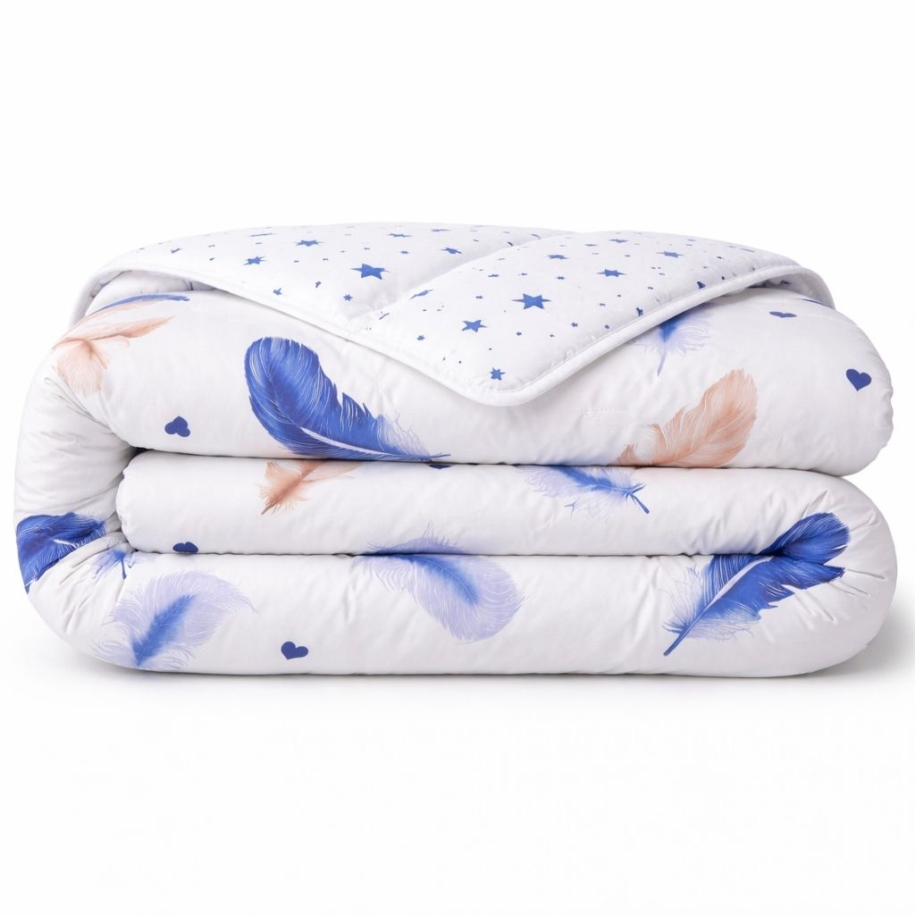 Dekbed zonder overtrek opgevouwen - Aveline - Veertjes, maan en sterren - kleuren wit, blauw en lichtbruin.