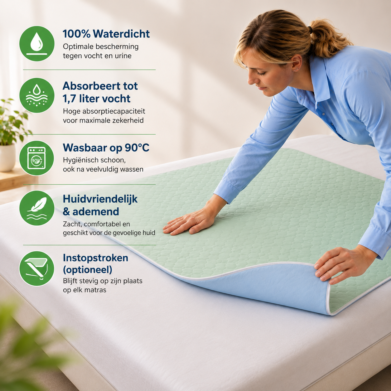 Wasbare onderlegger met 100% waterdichte bescherming, 1,7 liter absorptie en optionele instopstroken.