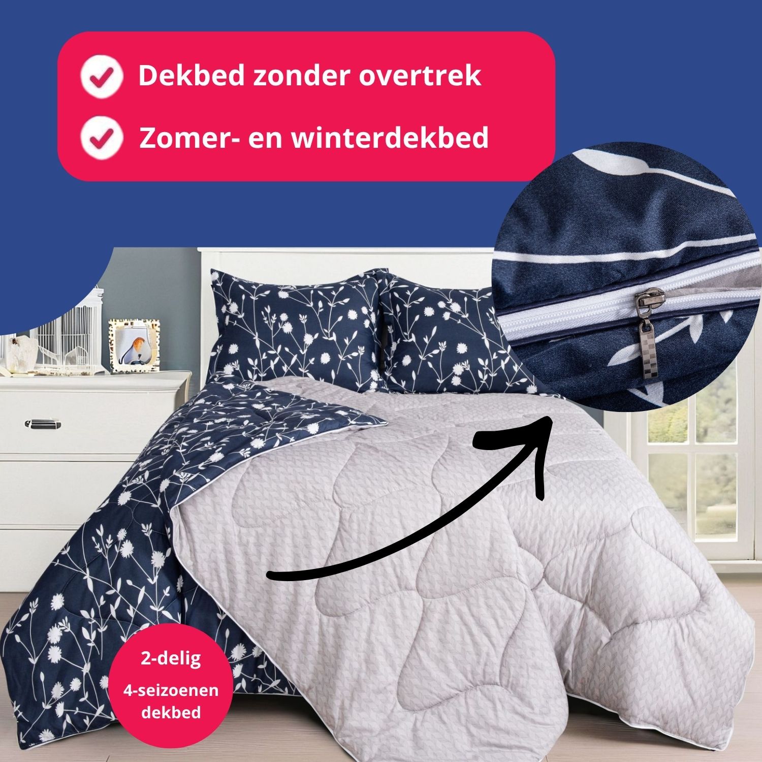 2-delig 4-seizoenendekbed zonder overtrek - Mila - perfect voor alle jaargetijden, kleuren Blauw en wit