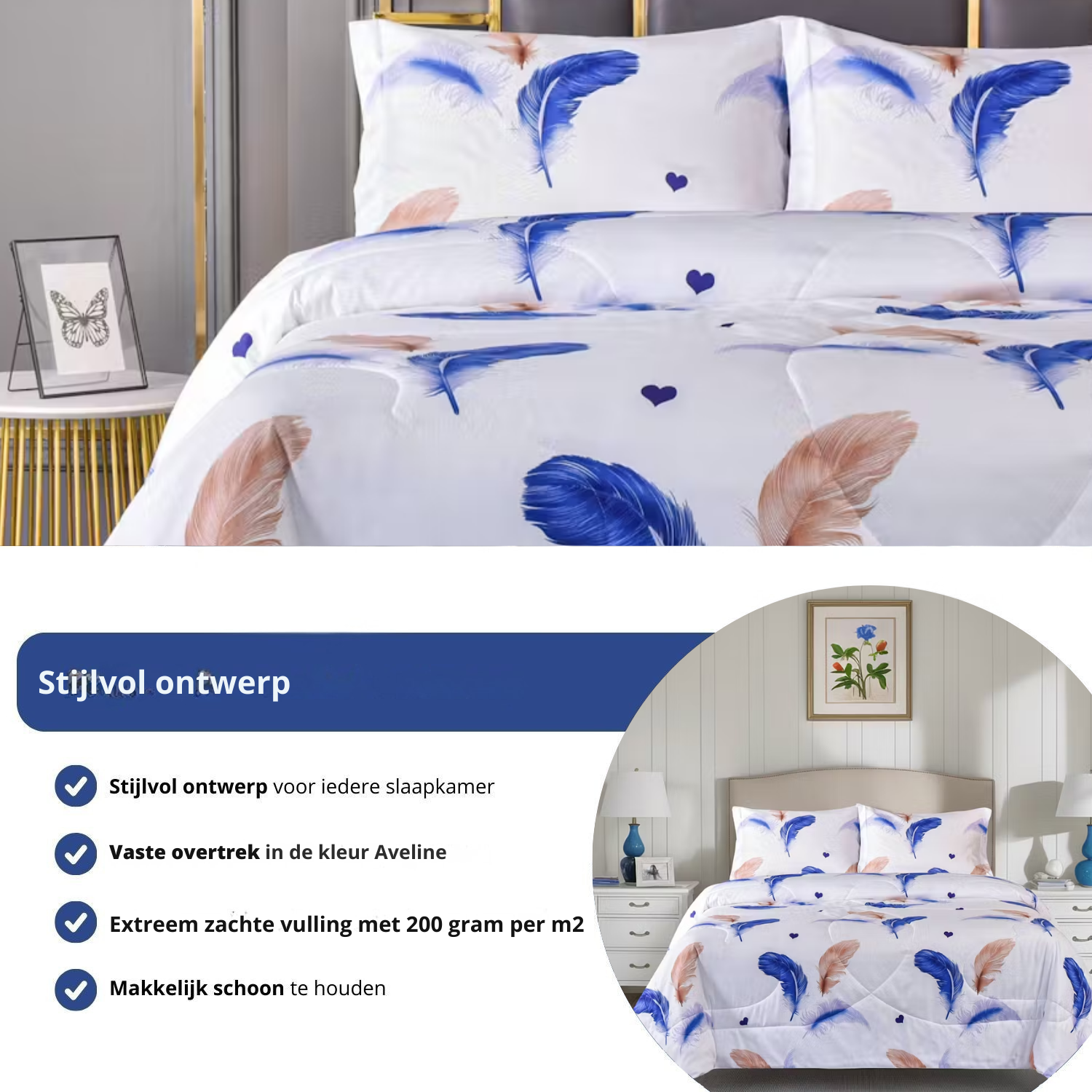 Dekbed Aveline met veren en hartjes - blauw