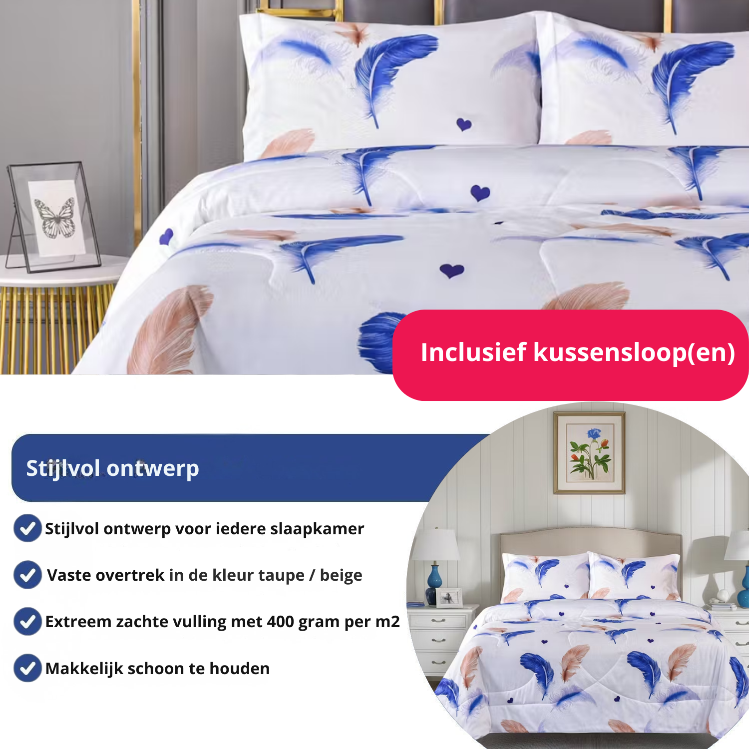 Dekbed Aveline met veren en hartjes - blauw